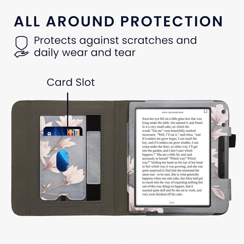 kwmobile Case Compatible with Kobo Libra Colour - Case PU Leather Cover with Magnet Closure, Stand, Strap, Card Slot - Magnolias Taupe/White/Blue Grey - Image 4